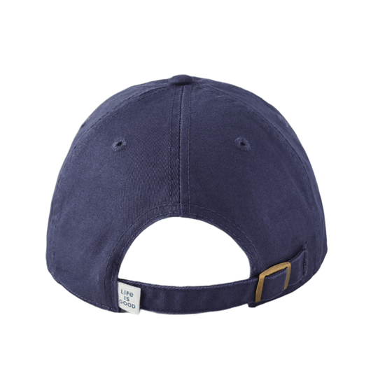 Navy baseball cap with an open back strap and a small "Life is Good" tag