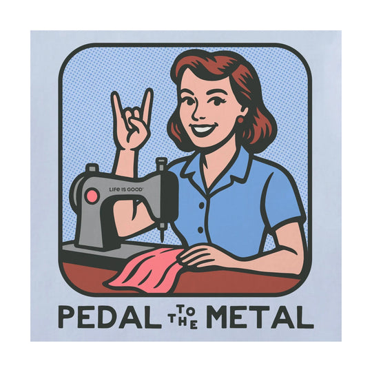Graphic women’s T-shirt design with a retro seamstress at a sewing machine and the text "PEDAL TO THE METAL"