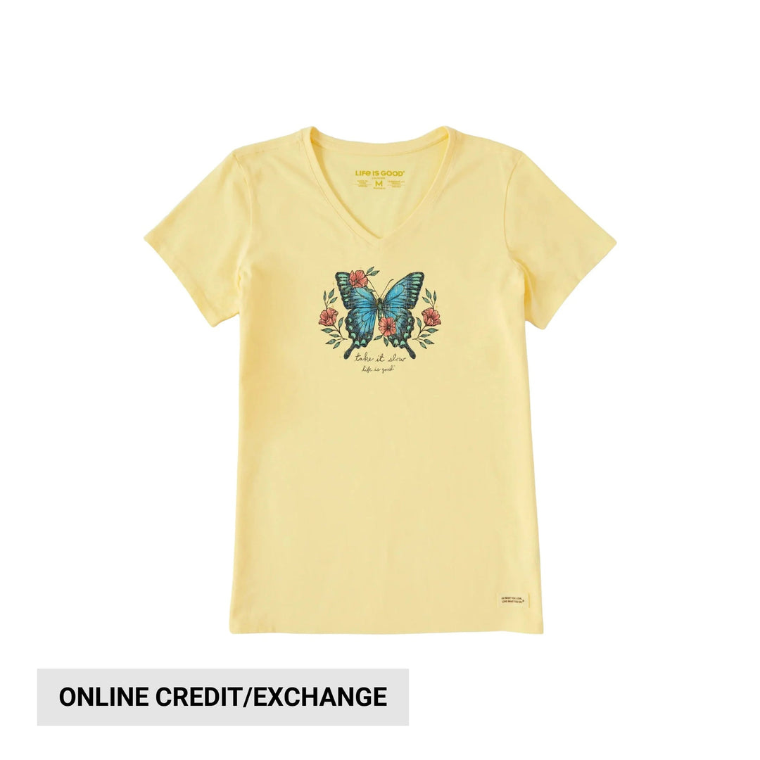 Yellow V-neck T-shirt with blue butterfly and floral graphic and 'take it slow' text