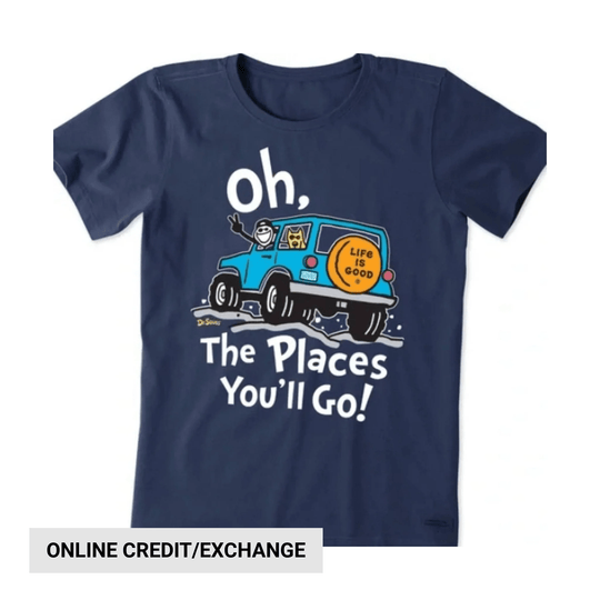 Navy graphic T-shirt with a cartoon Jeep and the text “oh, The Places You’ll Go!”