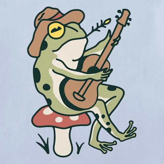 Green frog playing a brown guitar while wearing a tan hat and yellow sunglasses, sitting on a red-and-white mushroom
