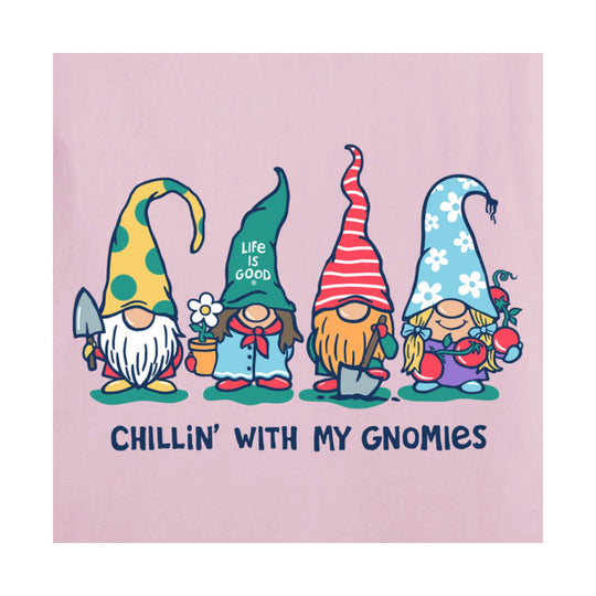 Pink T-shirt with four garden gnomes and the text "CHILLIN' WITH MY GNOMIES"