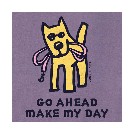 Purple graphic T-shirt with a yellow dog illustration and the text "GO AHEAD MAKE MY DAY"
