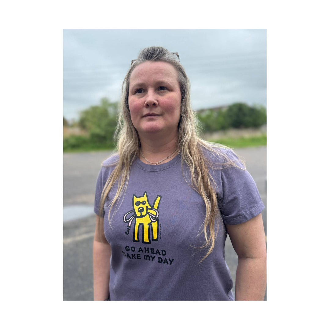 Purple T-shirt with a yellow cartoon dog graphic and the text "GO AHEAD MAKE MY DAY"