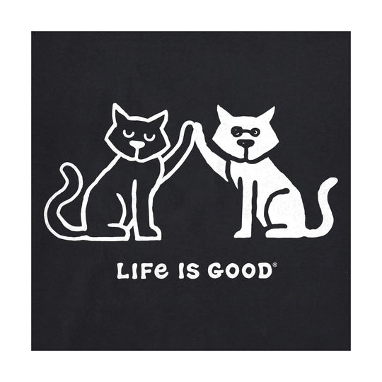Black graphic T-shirt design with two cats high-fiving and the text “LIFE IS GOOD”