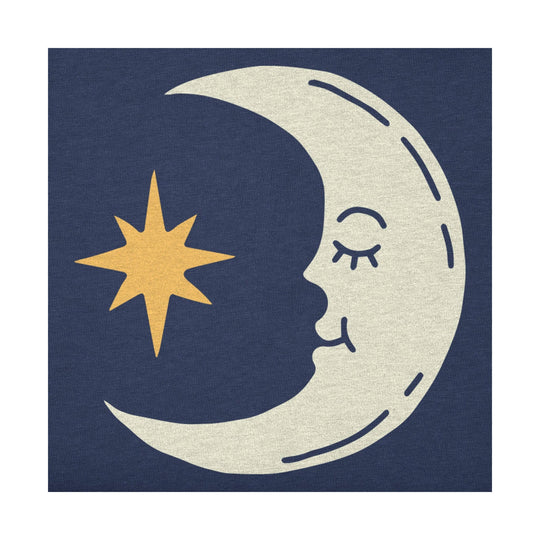 Navy T-shirt graphic with a cream crescent moon face and yellow starburst