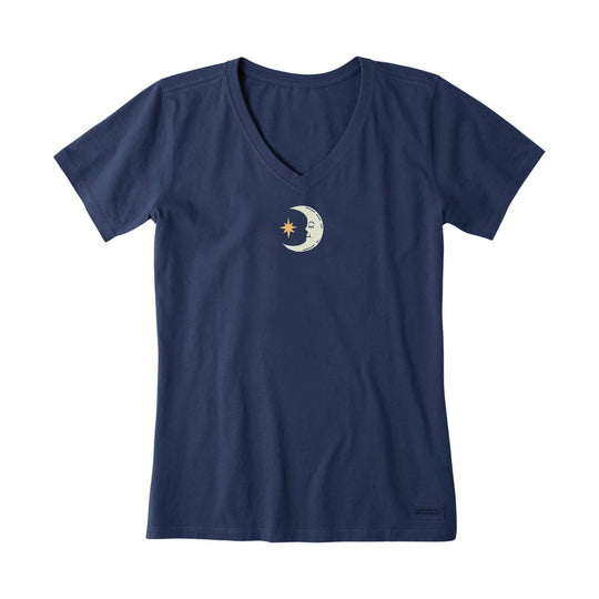 Navy V-neck short-sleeve T-shirt with a small moon and star graphic on the chest