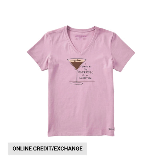Pink V-neck T-shirt with a martini glass graphic and the text “I prefer my ESPRESSO in a MARTINI.”
