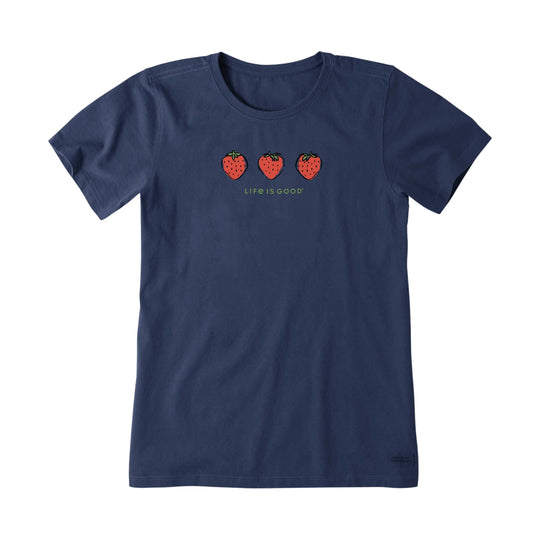 Navy short-sleeve T-shirt with three strawberry graphics and small text on the chest