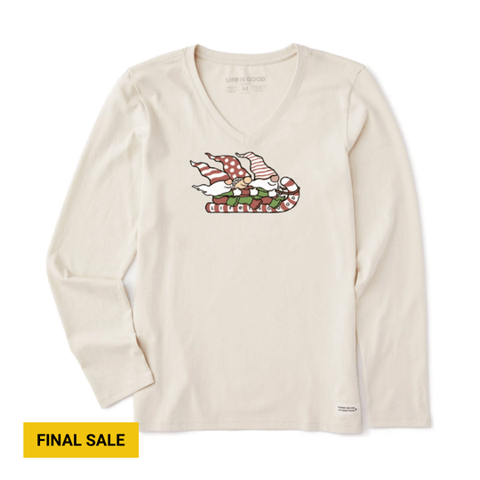 Cream long-sleeve V-neck shirt with a small holiday gnome graphic on the chest and a Final Sale label