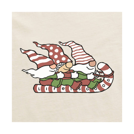 Long sleeve graphic tee with three striped gnome characters and visible text 'LIFE IS G'