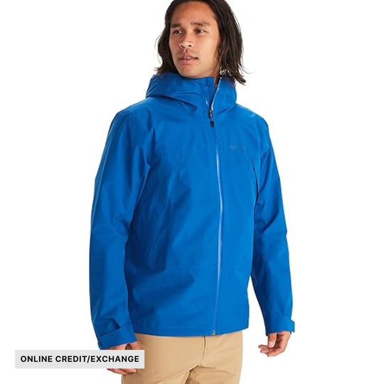 Blue hooded zip-front shell jacket on a model