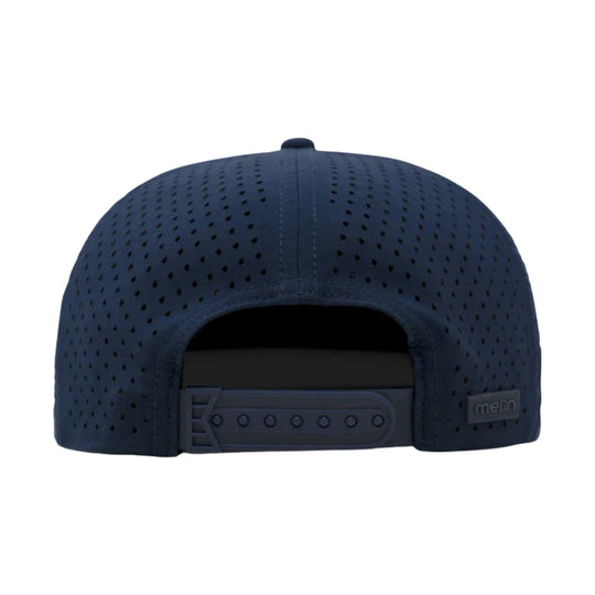 Navy perforated baseball cap shown from the back with an adjustable snap strap and melin patch