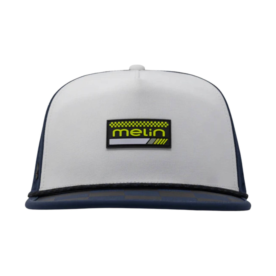 White trucker cap with navy brim and a neon yellow melin patch logo