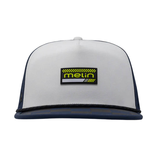 White trucker cap with navy brim and a neon yellow melin patch logo