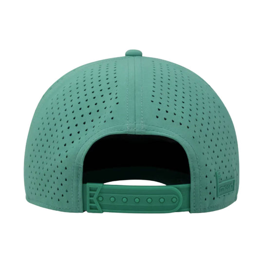 Teal perforated mesh baseball cap shown from the back with an adjustable strap