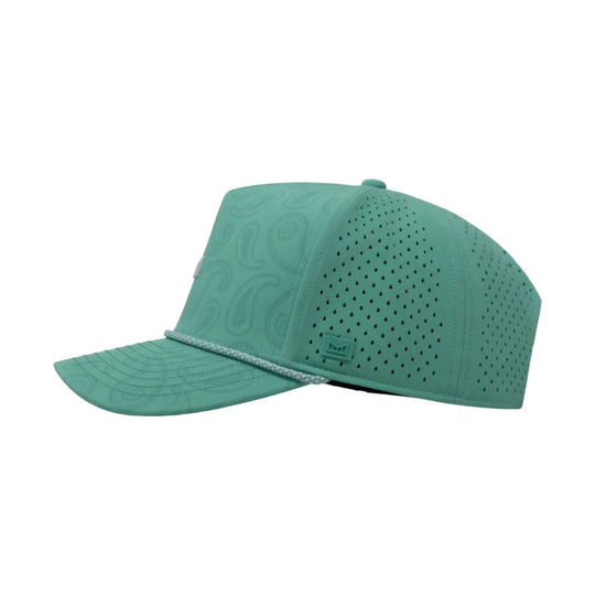 Teal perforated baseball cap with paisley pattern on the crown and brim