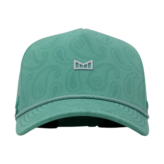 Mint green cap with a paisley pattern and a small front logo