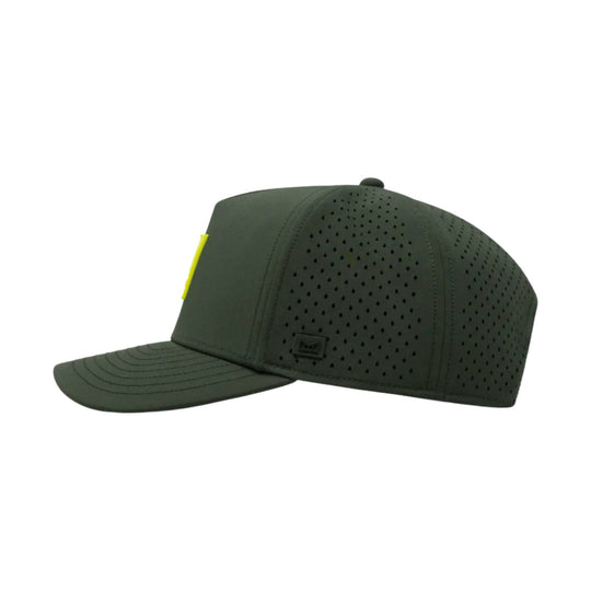 Dark olive green perforated baseball cap with flat brim, shown in side view