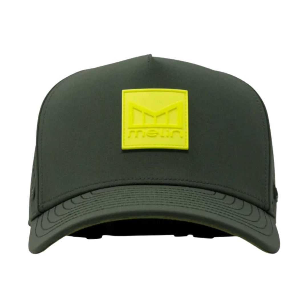 Dark green trucker hat with a neon yellow square logo patch on the front and stitched brim detail