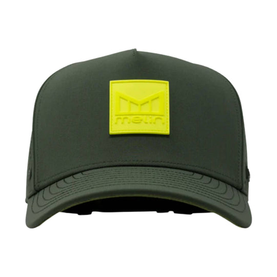 Dark green trucker hat with a neon yellow square logo patch on the front and stitched brim detail