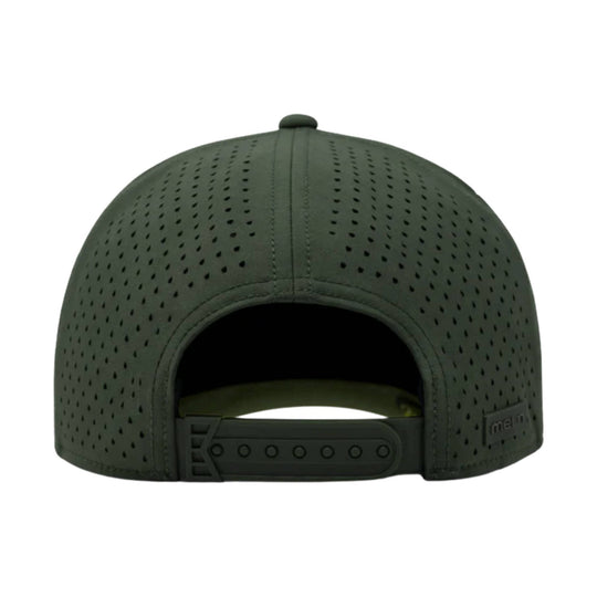 Dark green perforated snapback cap shown from the back