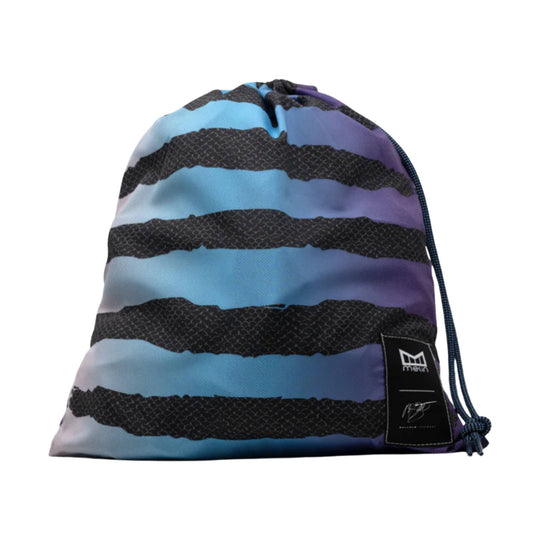 Blue and purple drawstring pouch with black horizontal stripes and a small logo tag