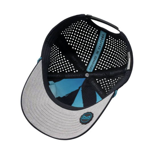 Black-and-gray perforated snapback cap with turquoise accents and flat brim, shown inside out