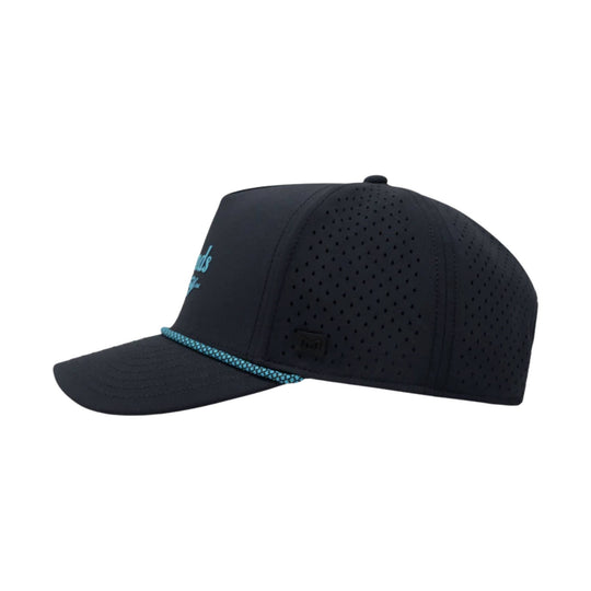 Black perforated trucker cap with turquoise trim and curved brim