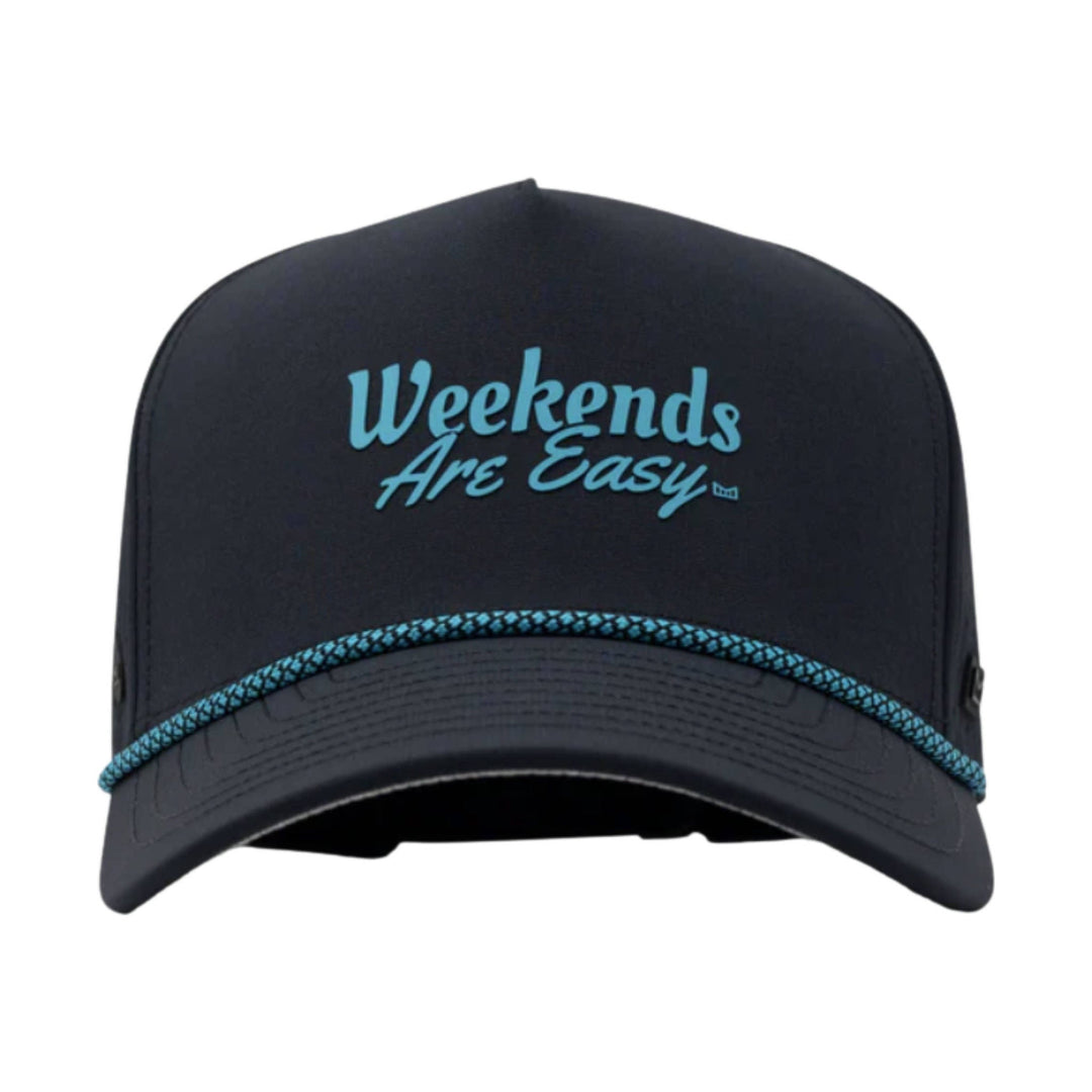Black cap with turquoise rope detail and "Weekends Are Easy" text