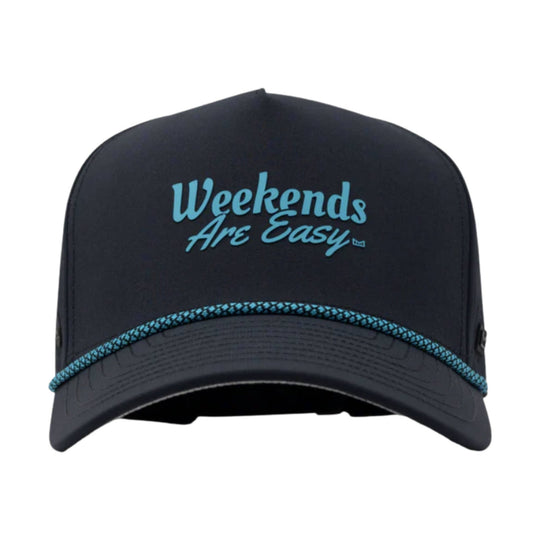 Black cap with turquoise rope detail and "Weekends Are Easy" text
