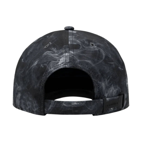 Black marbled baseball cap shown from the back with an adjustable strap and small logo patch