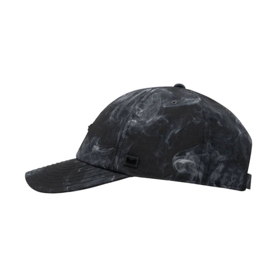 Black baseball cap with a smoky marbled pattern and curved brim, shown in side view