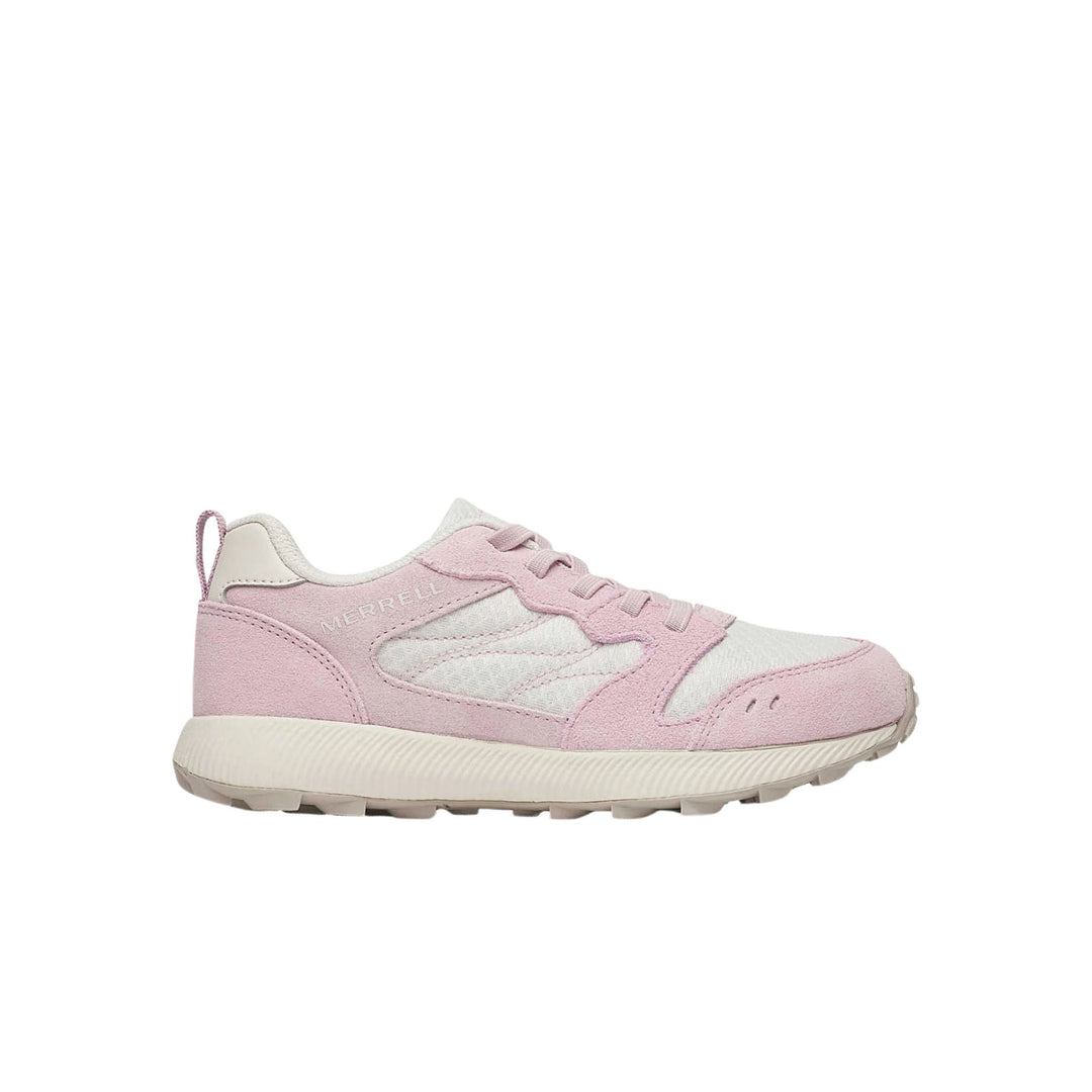 Pink and white kids' low-top sneaker with bungee-style laces and a thick white sole