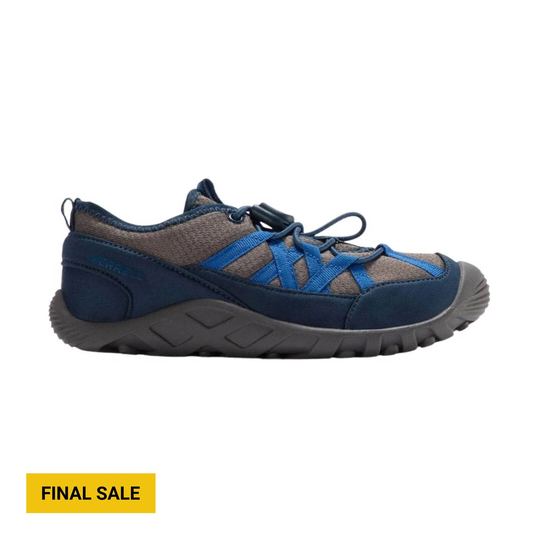 Blue and gray closed-toe kids' sneaker with bungee laces and thick lugged sole