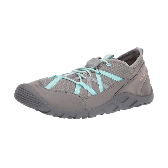 Gray and turquoise kids' trail shoe with bungee laces and a rugged rubber sole