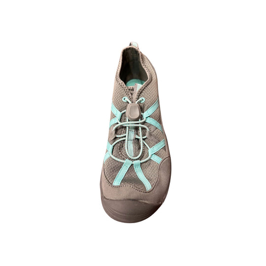 Gray and turquoise kids' slip-on water shoe with bungee laces and a rubber toe cap, top view