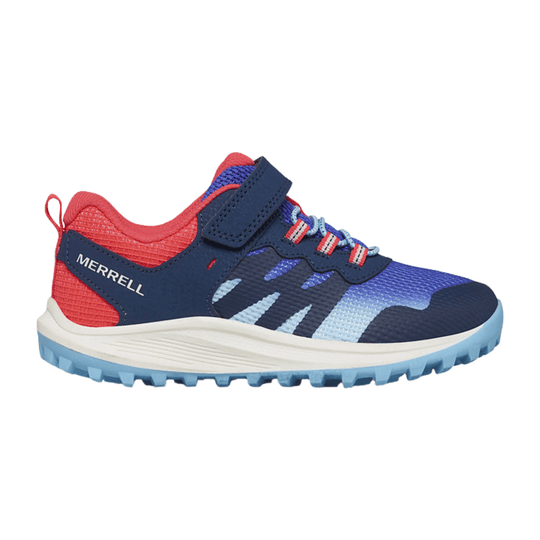 Blue, navy, and red kids' trail shoe with a strap closure and white sole