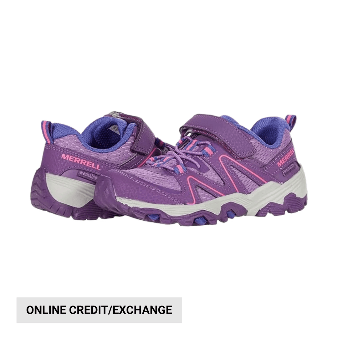 Purple kids' hiking shoes with pink accents, velcro strap, and rugged soles, shown pair-side on white background.