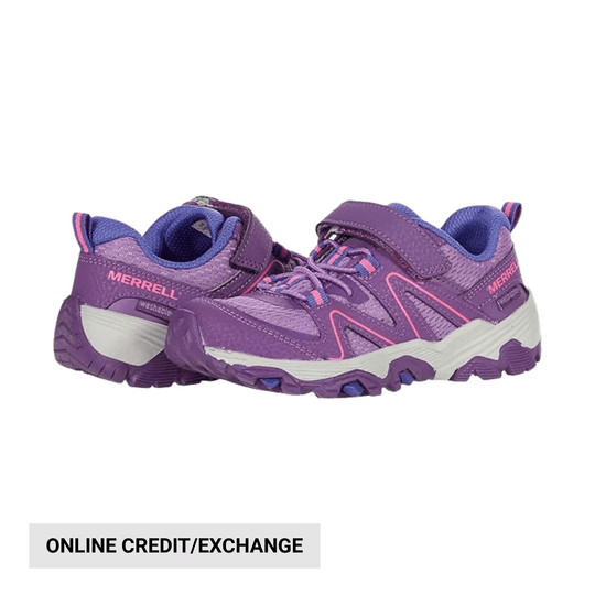 Purple kids' hiking shoes with pink accents, velcro strap, and rugged soles, shown pair-side on white background.