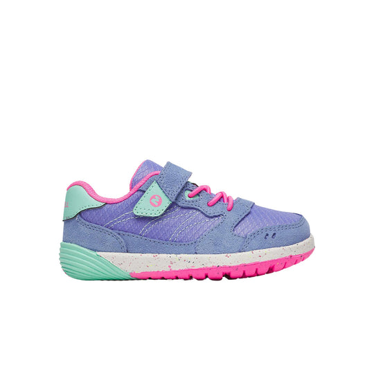 Purple kids' sneaker with pink laces, mint heel tab, and white speckled midsole