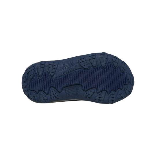 Navy blue shoe outsole with rugged tread and embossed Merrell logo