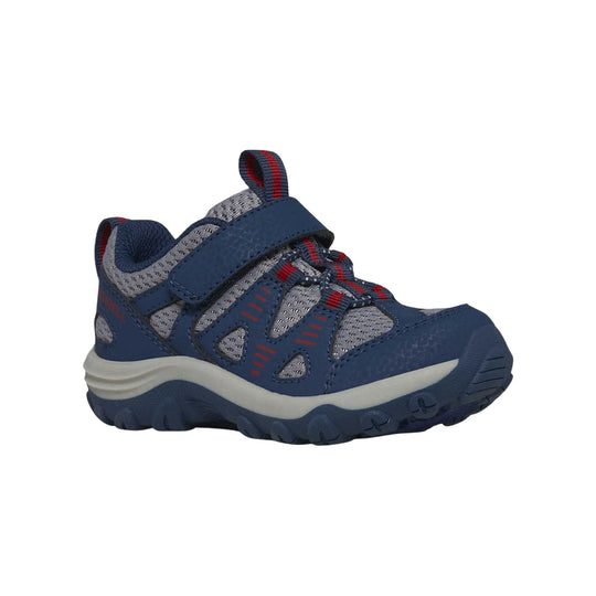 Blue and gray kids' trail shoe with red accents, bungee laces, and a hook-and-loop strap