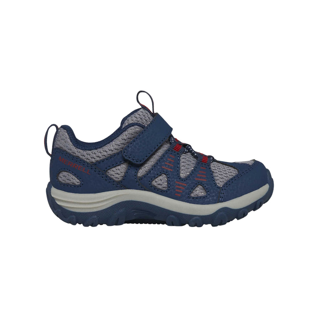 Blue and gray kids' trail shoe with Velcro strap, bungee laces, and rugged sole