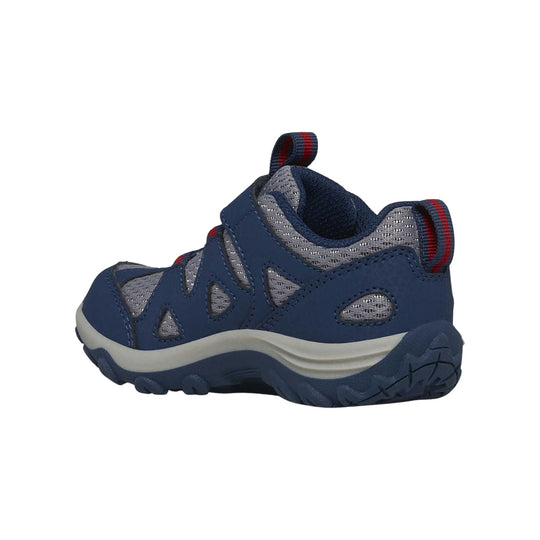 Navy and gray kids’ hiking shoe with mesh panels, hook-and-loop strap, and rugged tread, side view