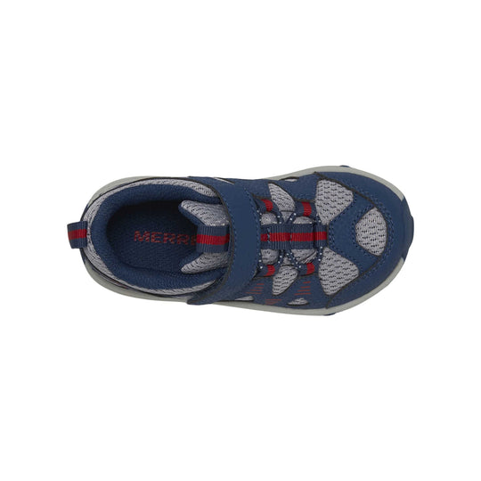 Blue and gray kids' trail shoe with red accents, hook-and-loop strap, and mesh upper, top view