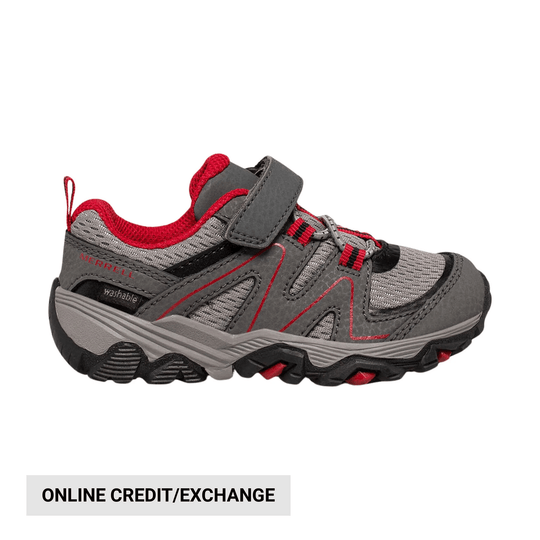 Gray, black, and red kids' trail shoe with a velcro strap, mesh upper, and rugged tread