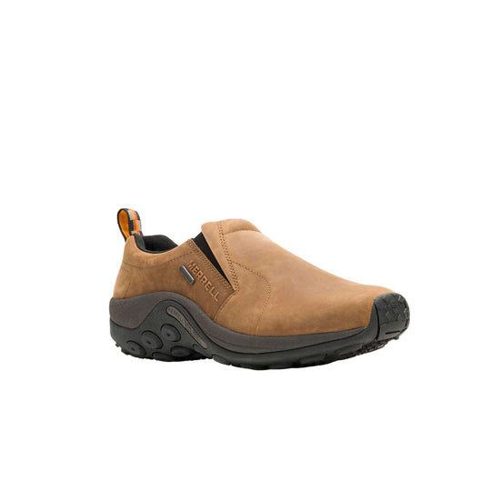 Brown slip-on clog with black sole and heel pull tab