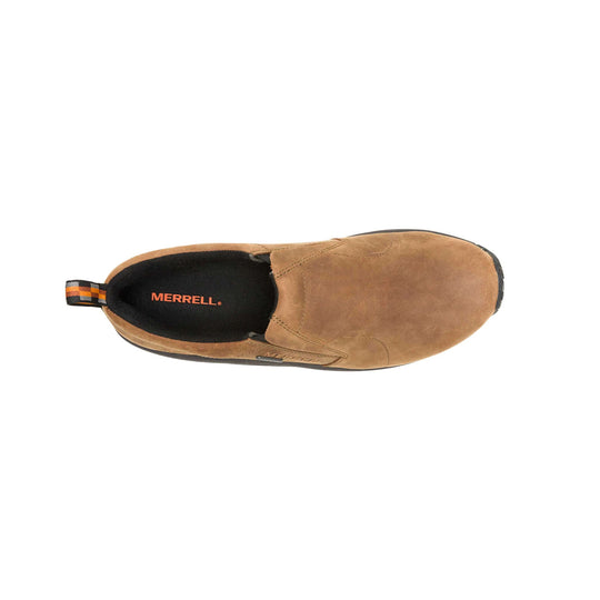 Brown nubuck slip-on shoe with black collar and visible Merrell logo