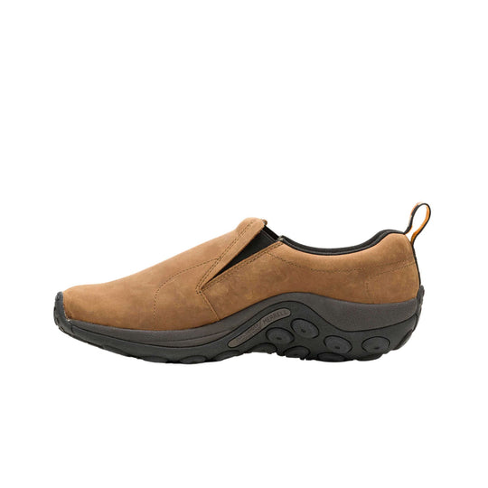 Brown slip-on shoe with black sole and heel pull tab